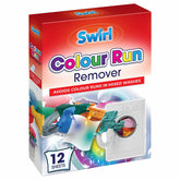 Swirl - Colour Run Remover Sheets (12 sheets) help prevent colour run in mixed washes. The box features colorful clothes in a washing machine on the front.